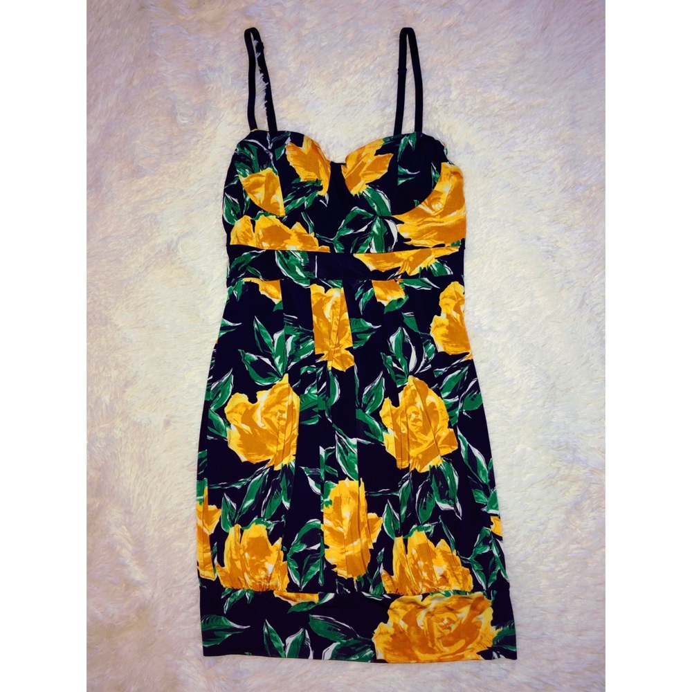 Black mini dress with yellow flowers